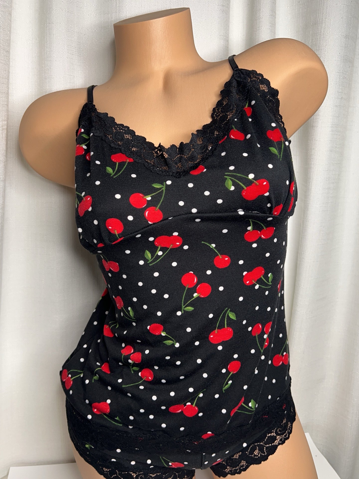 Red Cherry Print with White Polka Dots Lace Cami Two Piece Loungewear Set