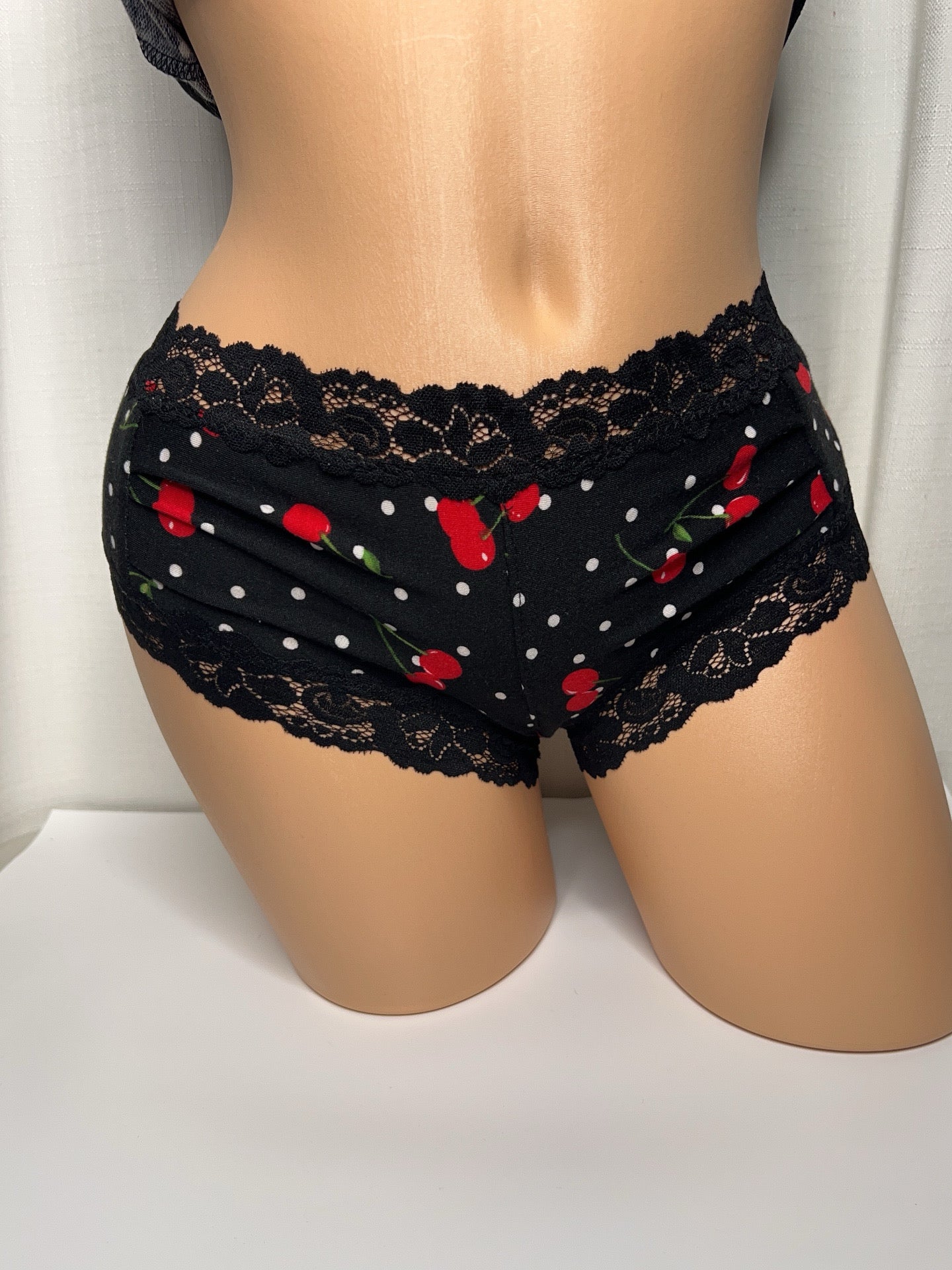 Red Cherry Print with White Polka Dots Lace Cami Two Piece Loungewear Set