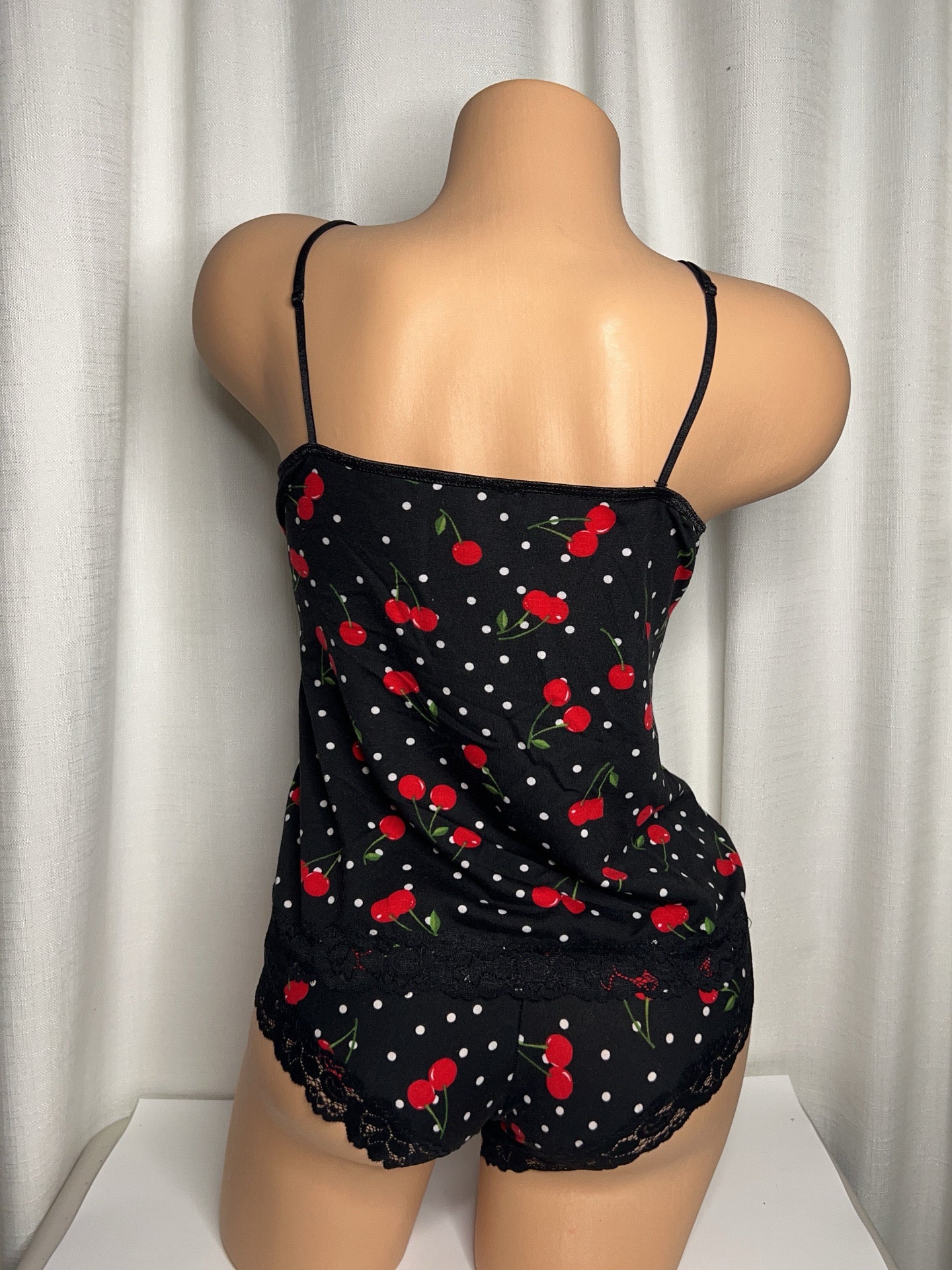 Red Cherry Print with White Polka Dots Lace Cami Two Piece Loungewear Set