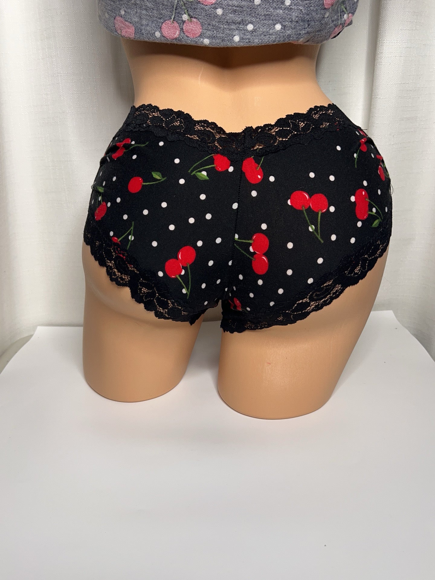 Red Cherry Print with White Polka Dots Lace Cami Two Piece Loungewear Set